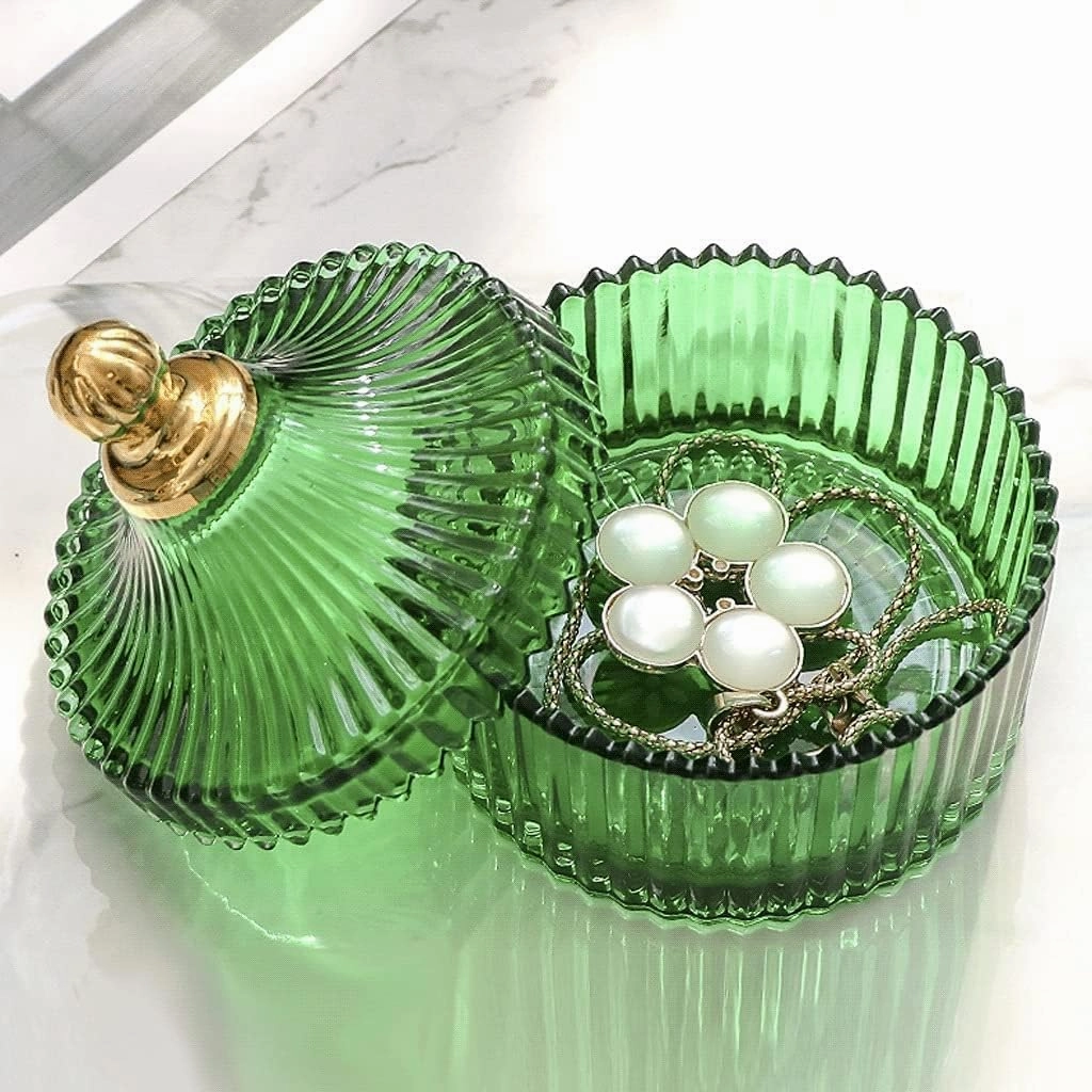 Jewelry Case Jewelry Box Jewelry Organizer Green Glass Jewelry Storage Box with Painted Gold Lid Small Bathroom Watch Hair Jewelry Organizer. Jewelry Storage