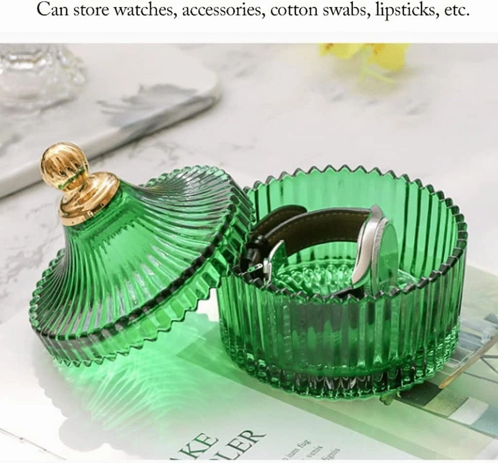 Jewelry Case Jewelry Box Jewelry Organizer Green Glass Jewelry Storage Box with Painted Gold Lid Small Bathroom Watch Hair Jewelry Organizer. Jewelry Storage