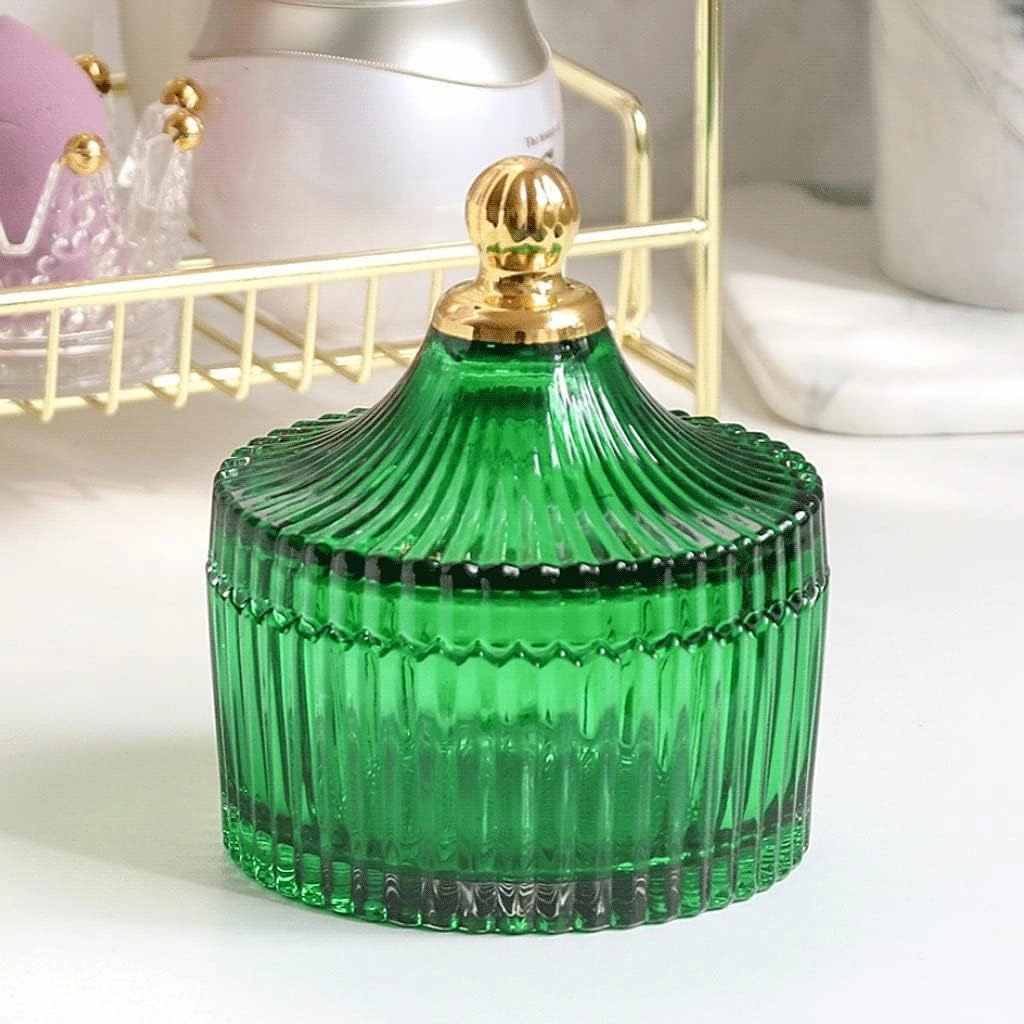 Jewelry Case Jewelry Box Jewelry Organizer Green Glass Jewelry Storage Box with Painted Gold Lid Small Bathroom Watch Hair Jewelry Organizer. Jewelry Storage