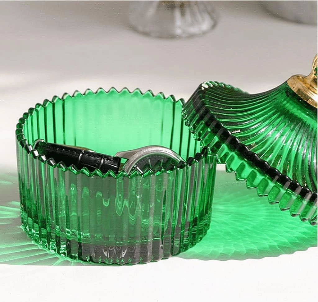 Jewelry Case Jewelry Box Jewelry Organizer Green Glass Jewelry Storage Box with Painted Gold Lid Small Bathroom Watch Hair Jewelry Organizer. Jewelry Storage