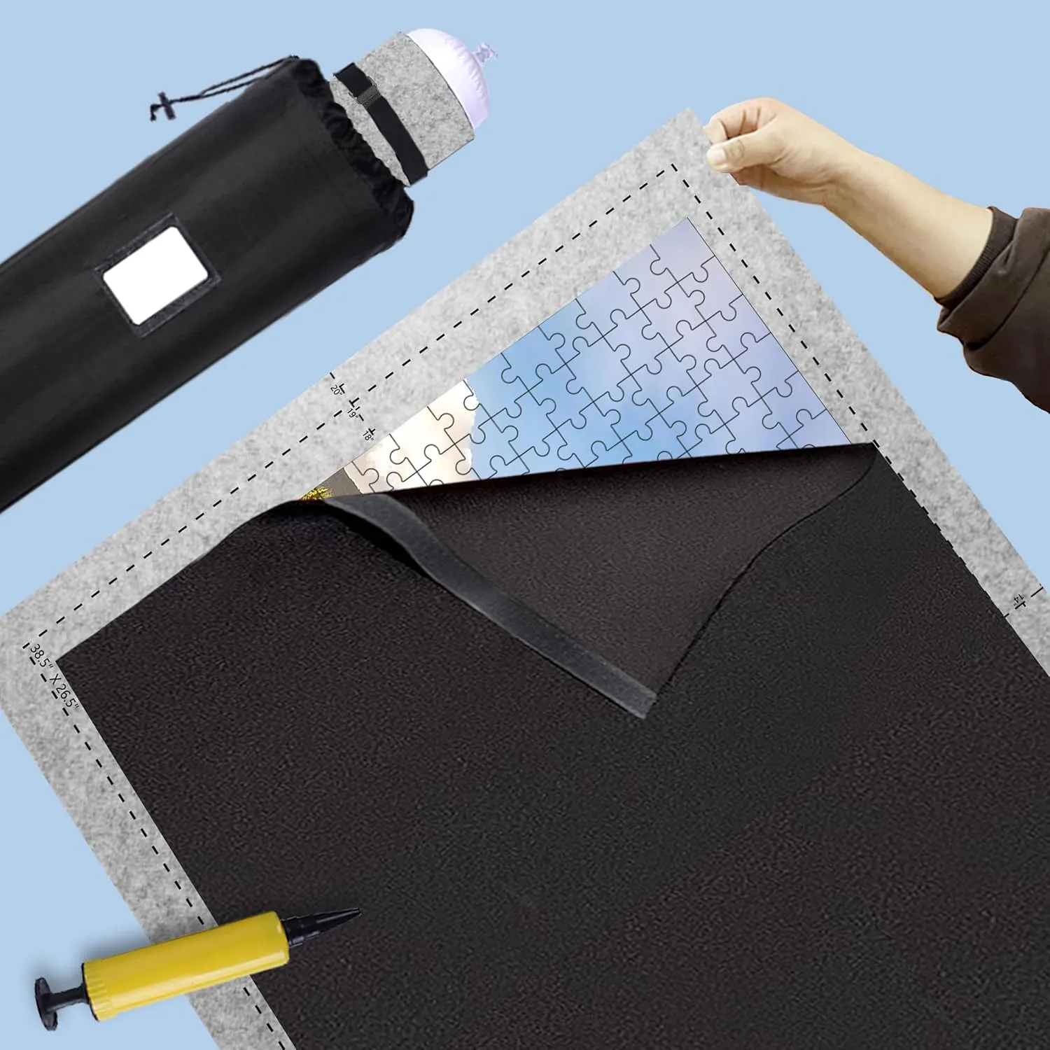 Jigsaw Puzzle Mat Roll Up - 2000 Pieces, 1500, 1000 Pieces Saver Large Puzzles Board for Adults Kids, Storage and Transport Premium Pump Glue Felt Mat Inflatable Tube Holder Organizer Pad Keeper