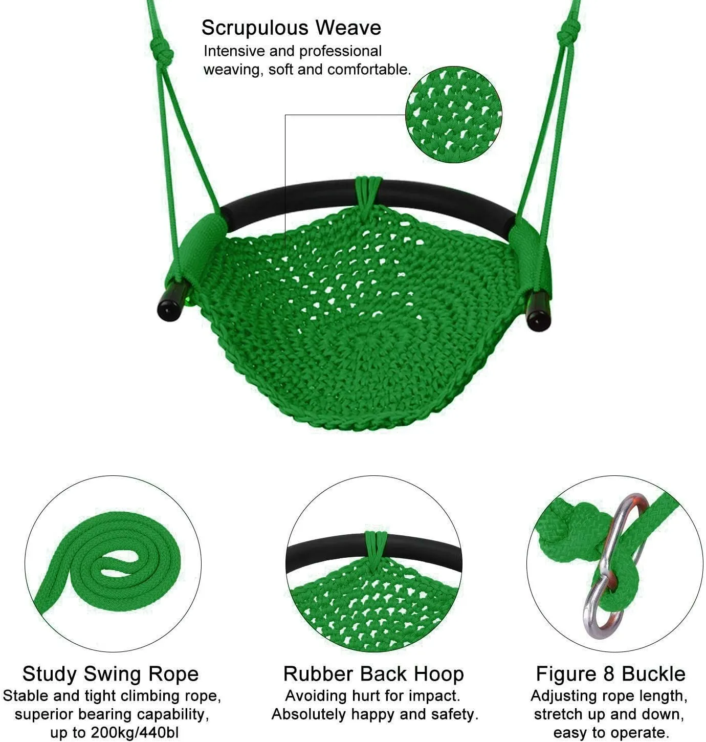 JKsmart Swing Seat for Kids Heavy Duty Rope Play Secure Children Swing Set,Perfect for Indoor,Outdoor,Playground,Home,Tree,with Snap Hooks and Swing Straps,440 lbs Capacity,Green