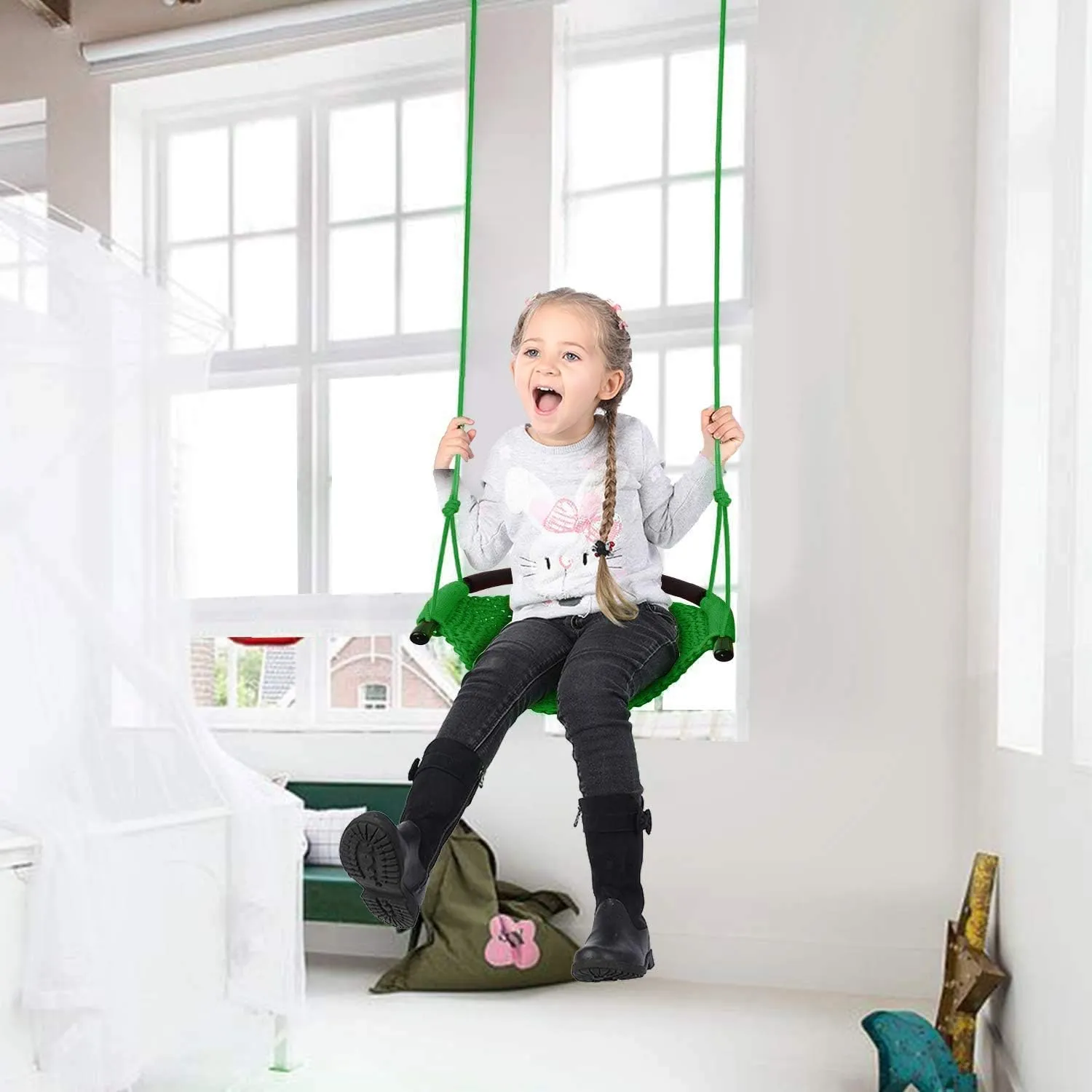 JKsmart Swing Seat for Kids Heavy Duty Rope Play Secure Children Swing Set,Perfect for Indoor,Outdoor,Playground,Home,Tree,with Snap Hooks and Swing Straps,440 lbs Capacity,Green