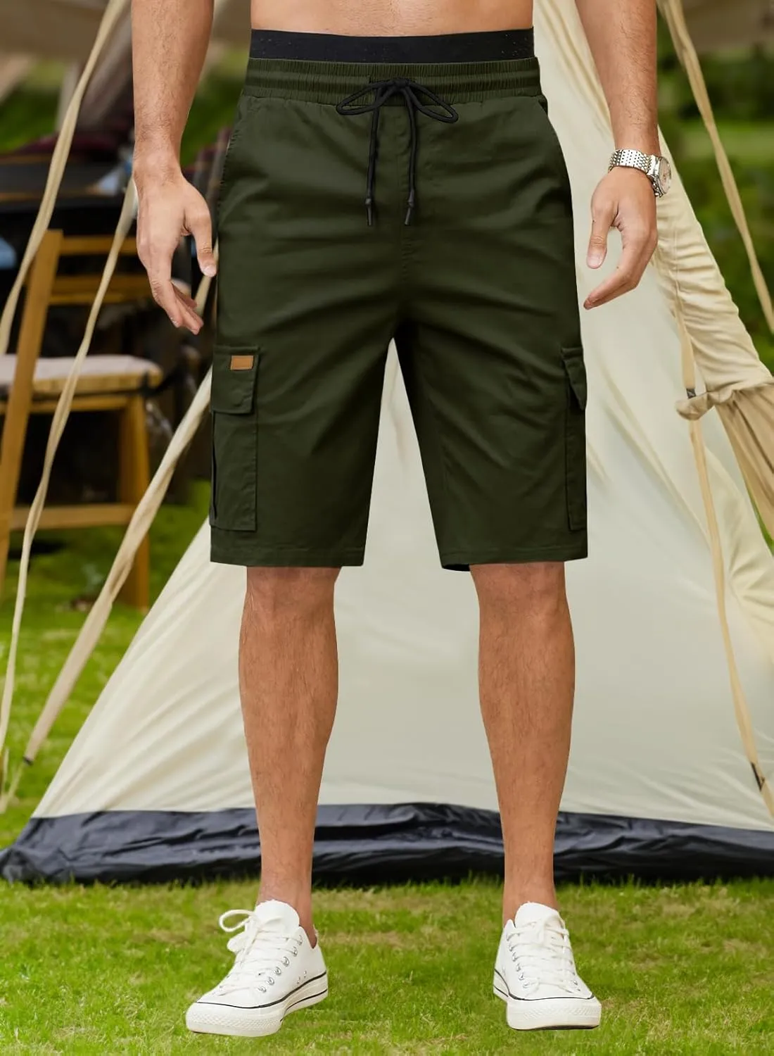 JMIERR Mens Casual Twill Cargo Shorts Cotton Drawstring Classic Cargo Stretch Short with 6 Pockets