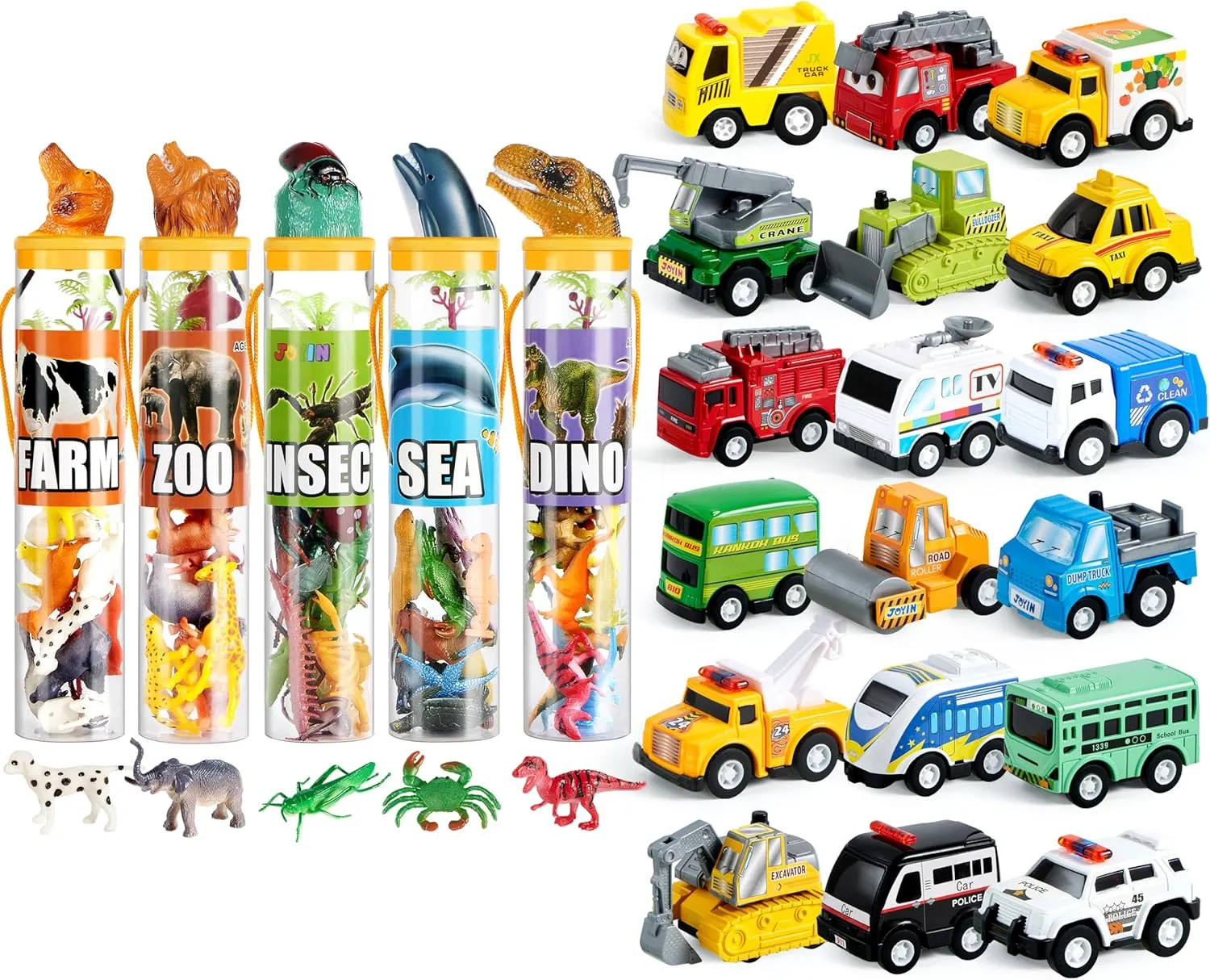 JOYIN 18 Pcs Pull Back City Cars with 69Pcs 69Pcs Small Animal Figures, Christmas Birthday Gifts, Toddler 1-3, Kid 3-5