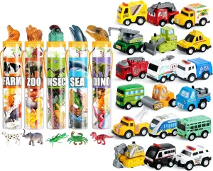 JOYIN 18 Pcs Pull Back City Cars with 69Pcs 69Pcs Small Animal Figures, Christmas Birthday Gifts, Toddler 1-3, Kid 3-5