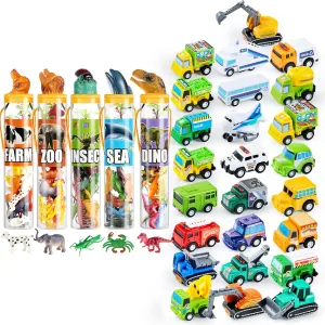 JOYIN 25 Pieces Pull Back Cars Toy Vehicles Set and 69Pcs Small Animal Figures, Christmas Birthday Gifts, Toddler 1-3, Kid 3-5