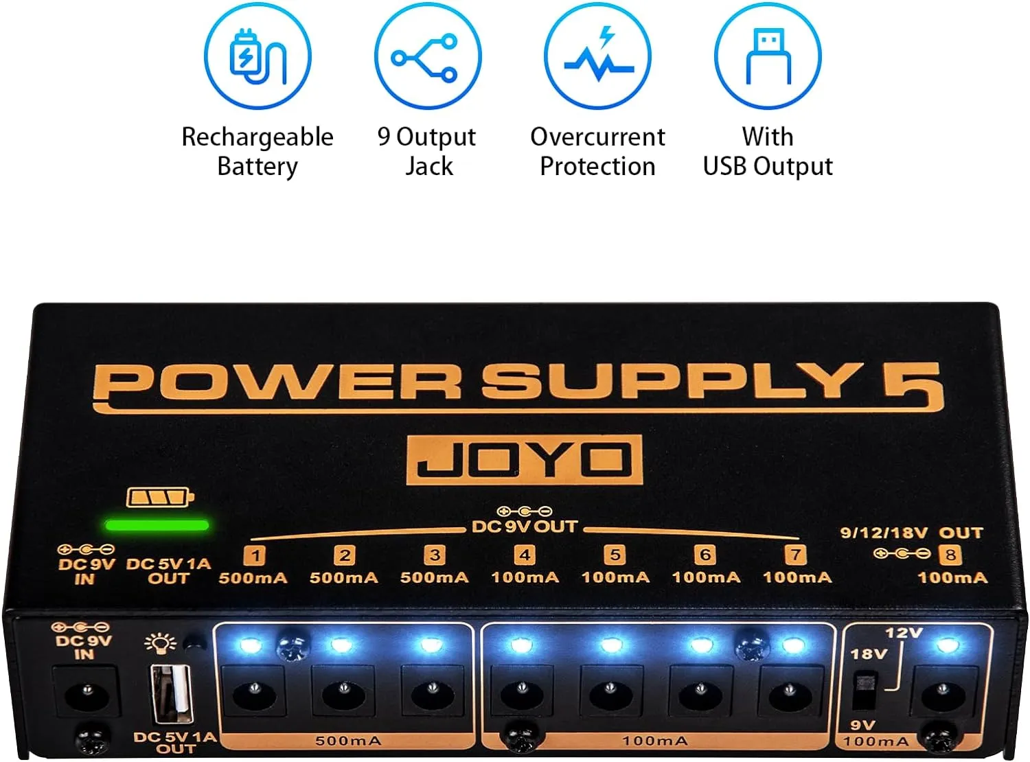 JOYO Built-in 4400mAh Rechargeable Battery Guitar Effect Pedal Power Supply 8 Outputs 9V 12V 18V (100mA, 500mA) Jacks & 5V/1A USB Port (JP-05)