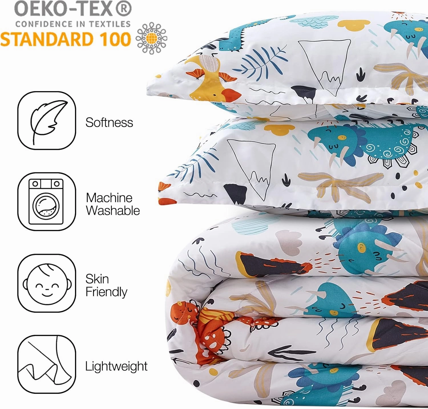 JSD Dinosaur Kids Comforter Set Twin Size, 2 Piece Microfiber Comforter with Pillow Sham, Lightweight All Season Washable