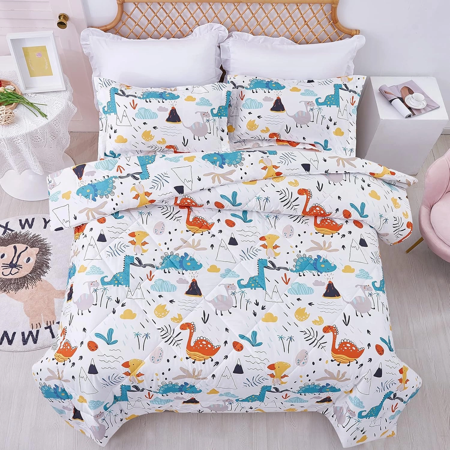 JSD Dinosaur Kids Comforter Set Twin Size, 2 Piece Microfiber Comforter with Pillow Sham, Lightweight All Season Washable