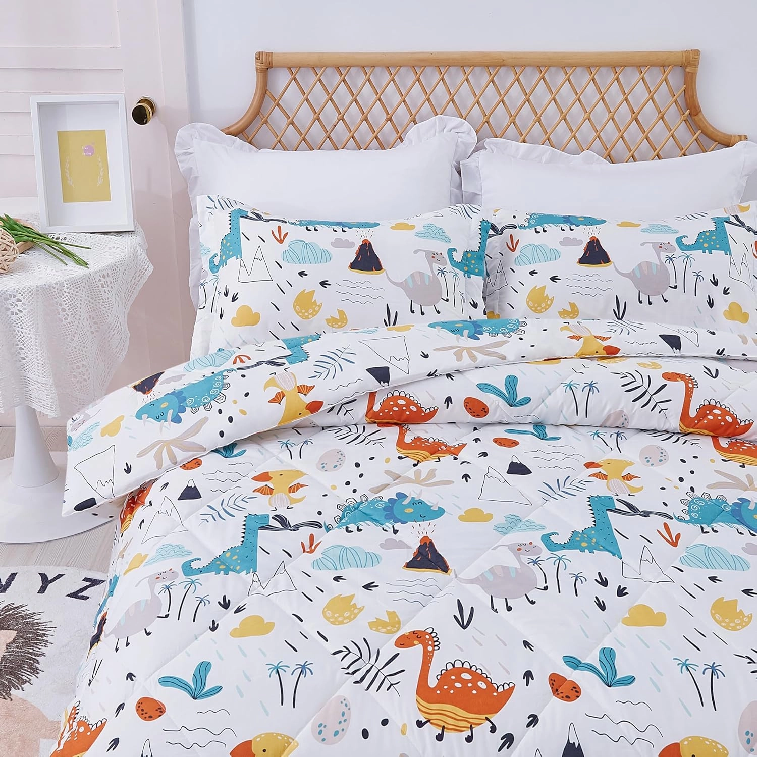 JSD Dinosaur Kids Comforter Set Twin Size, 2 Piece Microfiber Comforter with Pillow Sham, Lightweight All Season Washable