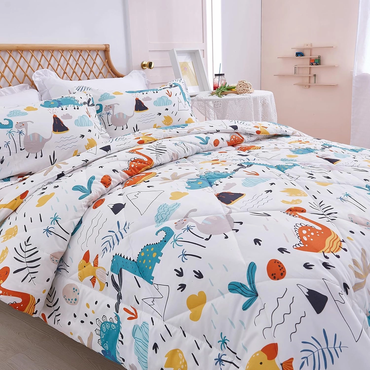 JSD Dinosaur Kids Comforter Set Twin Size, 2 Piece Microfiber Comforter with Pillow Sham, Lightweight All Season Washable