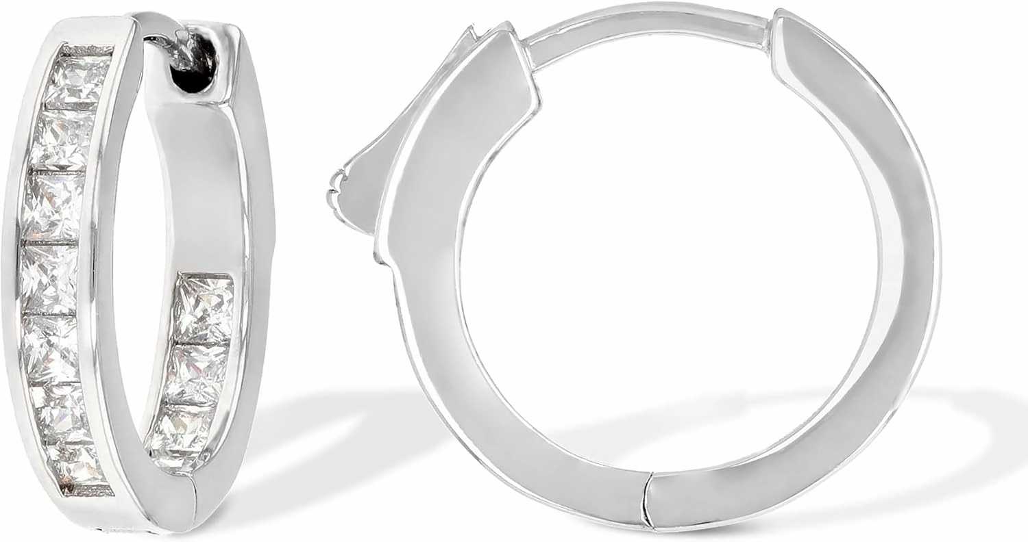 JTV 1.75 Carat Cubic Zirconia Sterling Silver Hoop Earrings – Rhodium Plated Silver Hoops – Simple Hoop Earrings for Women- Silver and Crystal Hoop Earrings - Faux Diamond Earrings for Women