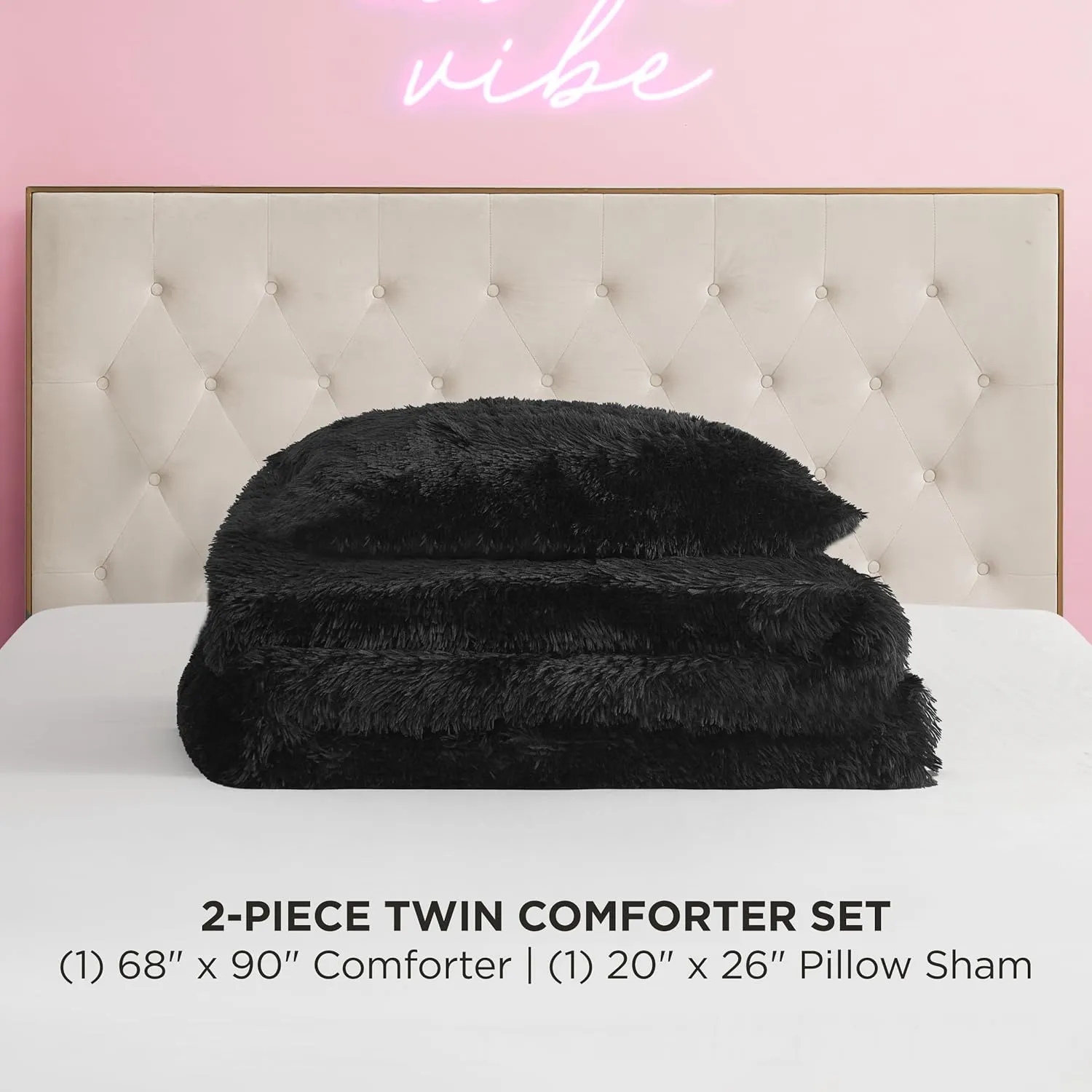 Juicy Couture Shaggy Faux Fur Black Twin/Twin XL Comforter Set - Soft and Cozy 2-Piece Machine Washable Bedding Comforter and Sham Set