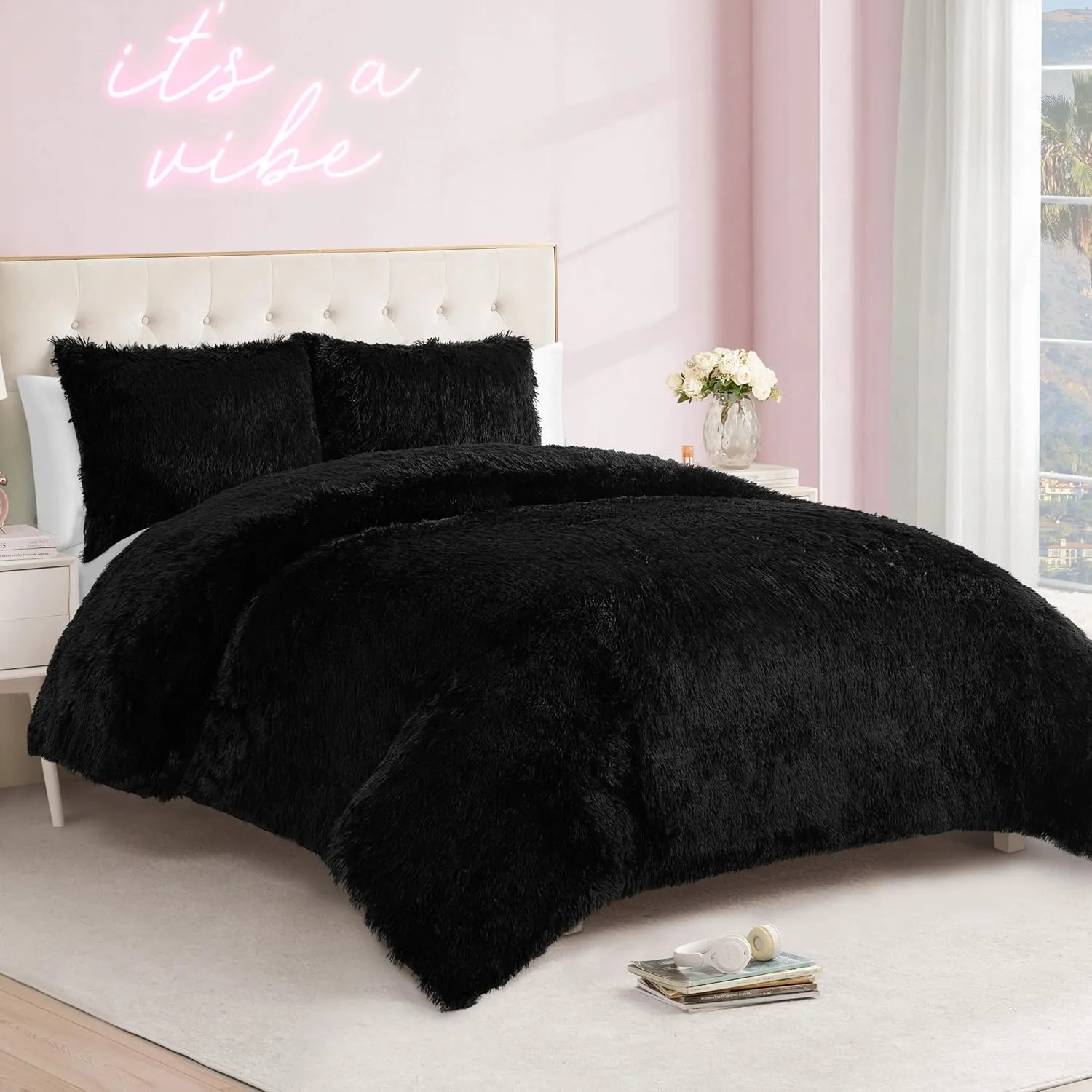 Juicy Couture Shaggy Faux Fur Black Twin/Twin XL Comforter Set - Soft and Cozy 2-Piece Machine Washable Bedding Comforter and Sham Set