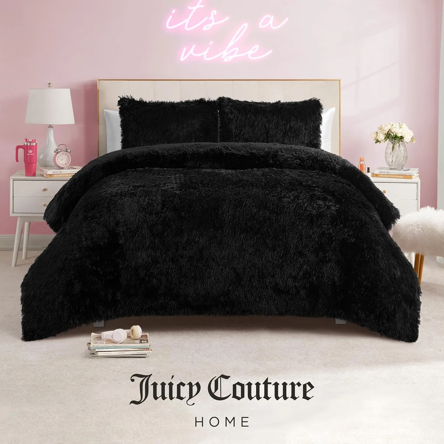 Juicy Couture Shaggy Faux Fur Black Twin/Twin XL Comforter Set - Soft and Cozy 2-Piece Machine Washable Bedding Comforter and Sham Set