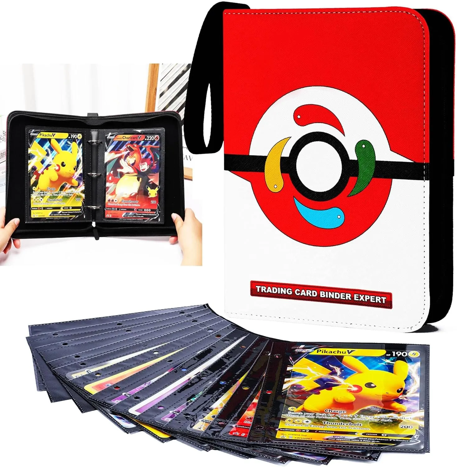 Jumbo Card Binder Compatible with Pokem Oversized Cards,100  Pockets Hold Pokemn Big Cards,3 Rings With 50 Double Side Removable Premium Sleeves-Portable & Lightweight (Large 5.x7inch)