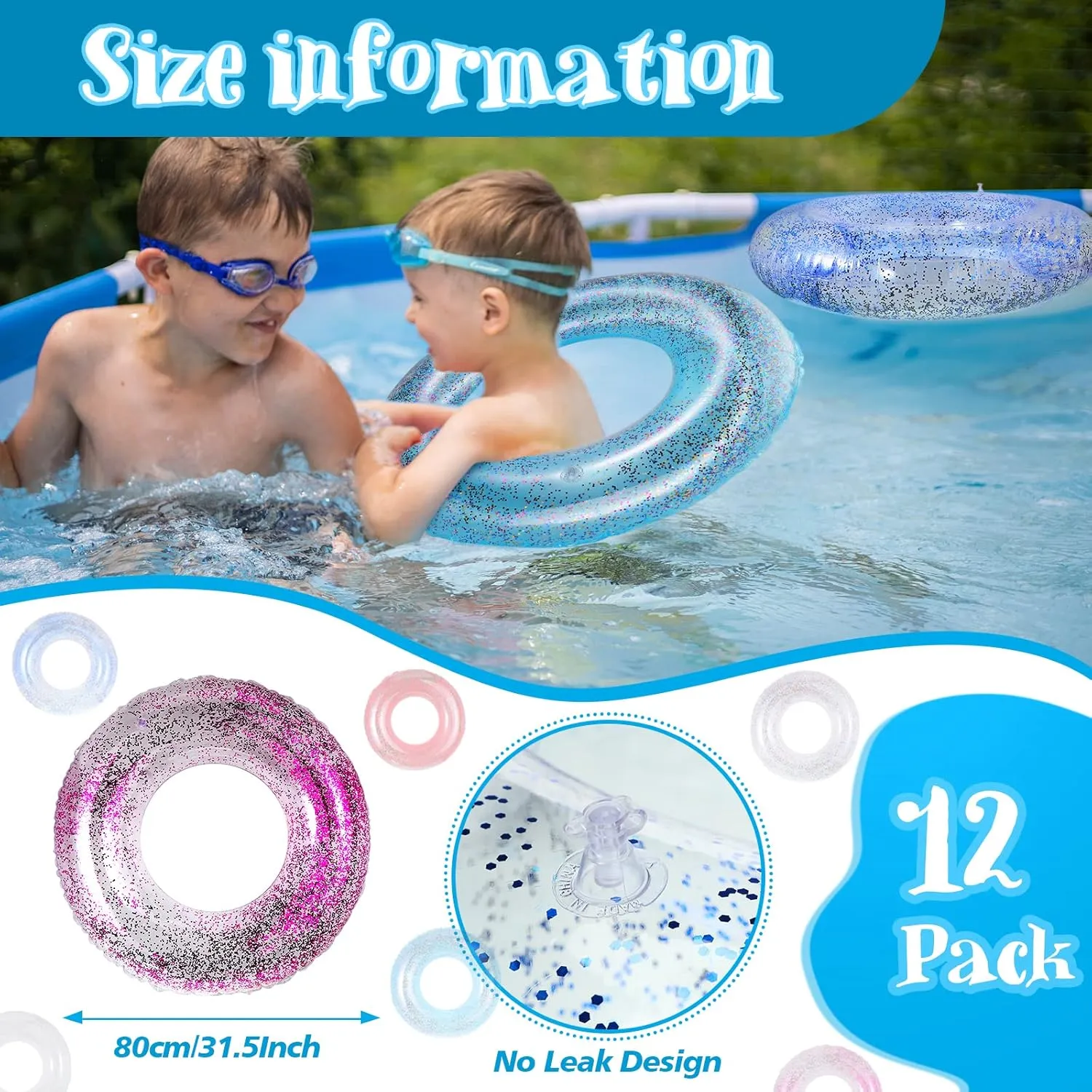 Junkin 12 Pack Inflatable Pool Float 31.5 Inch Glitter Swim Tubes Rings Confetti Water Colorful Swimming Pool Floats Toys for Girls Boys Adults Outdoor Summer Beach Supplies