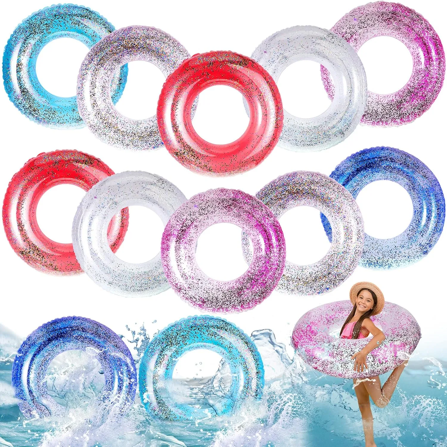 Junkin 12 Pack Inflatable Pool Float 31.5 Inch Glitter Swim Tubes Rings Confetti Water Colorful Swimming Pool Floats Toys for Girls Boys Adults Outdoor Summer Beach Supplies