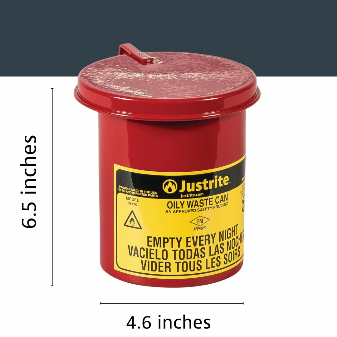 Justrite 0.45 Gallon Galvanized Steel Mini Countertop Oily Waste Can, 6.5" x 4.6" Metal Oil Rag Safety Can with Quiet Hand Operated Self-Closing Lid for Oily Rag Disposal, Made in The USA, Red, 09410