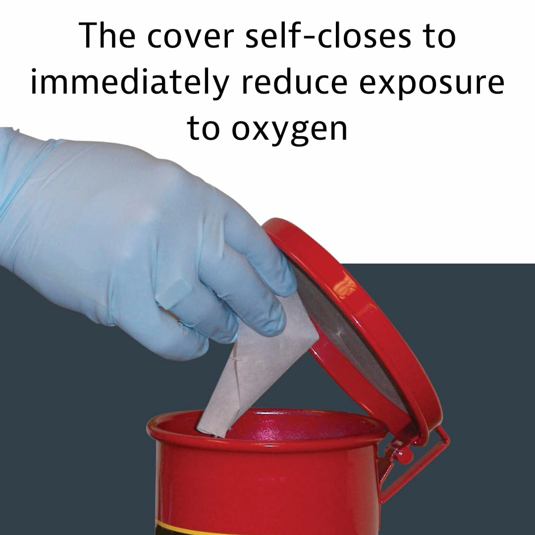 Justrite 0.45 Gallon Galvanized Steel Mini Countertop Oily Waste Can, 6.5" x 4.6" Metal Oil Rag Safety Can with Quiet Hand Operated Self-Closing Lid for Oily Rag Disposal, Made in The USA, Red, 09410