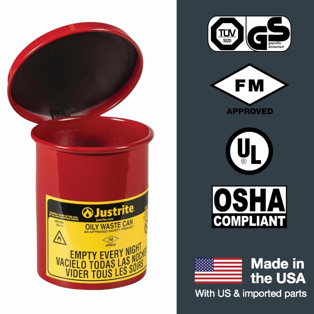 Justrite 0.45 Gallon Galvanized Steel Mini Countertop Oily Waste Can, 6.5" x 4.6" Metal Oil Rag Safety Can with Quiet Hand Operated Self-Closing Lid for Oily Rag Disposal, Made in The USA, Red, 09410