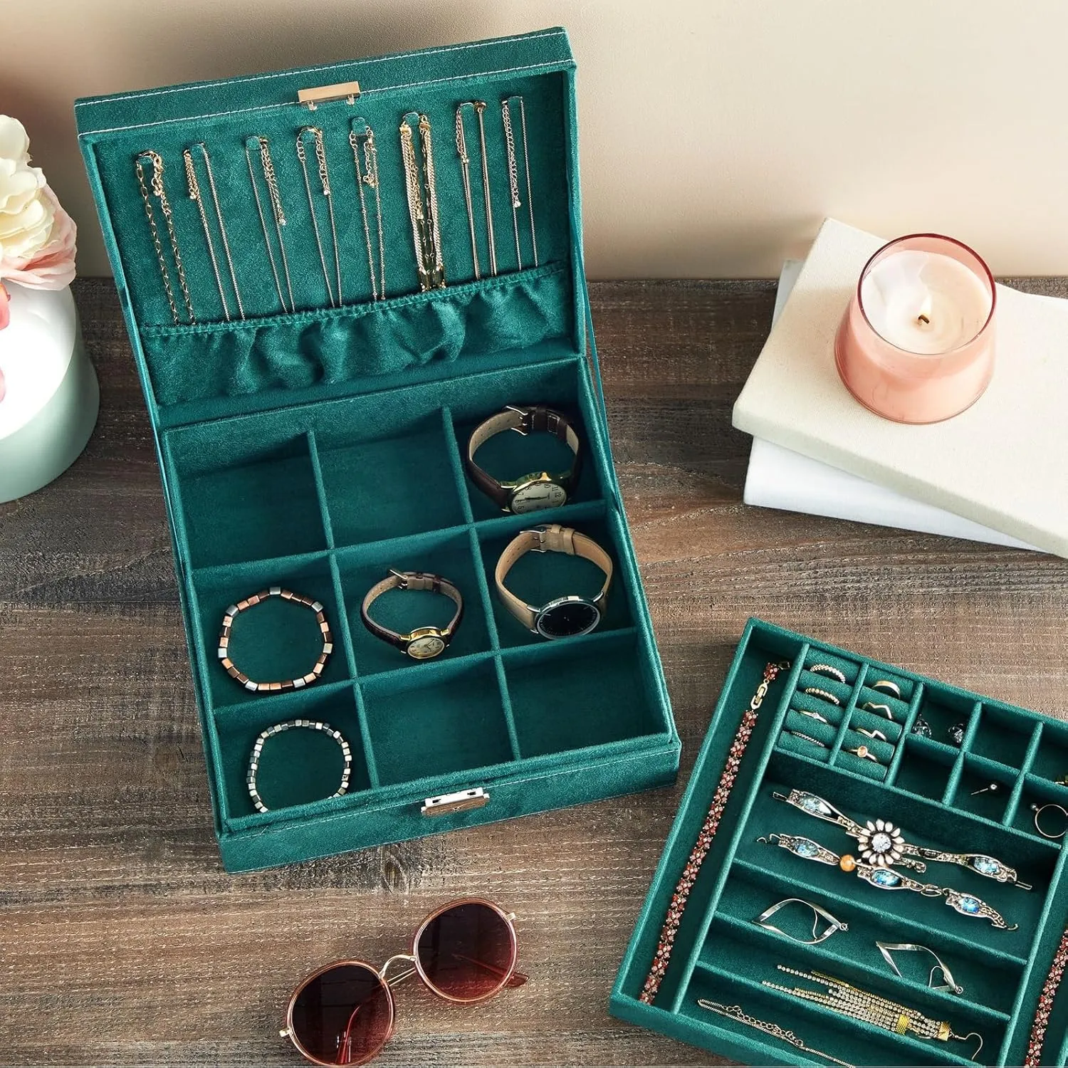 Juvale Velvet Jewelry Box Organizer - Lockable 2 Layer Travel Case, Earrings Storage with Removable Tray for Women, Men (Green Jewelry Organizer) - Decorative Box
