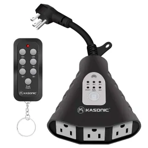 K KASONIC - Outdoor Light Timer, Waterproof Plug in Sensor Outlet Timer Switch, 100 ft Range Remote Control with 3 Grounded Electrical Outlets for Home and Garden, ELT Listed