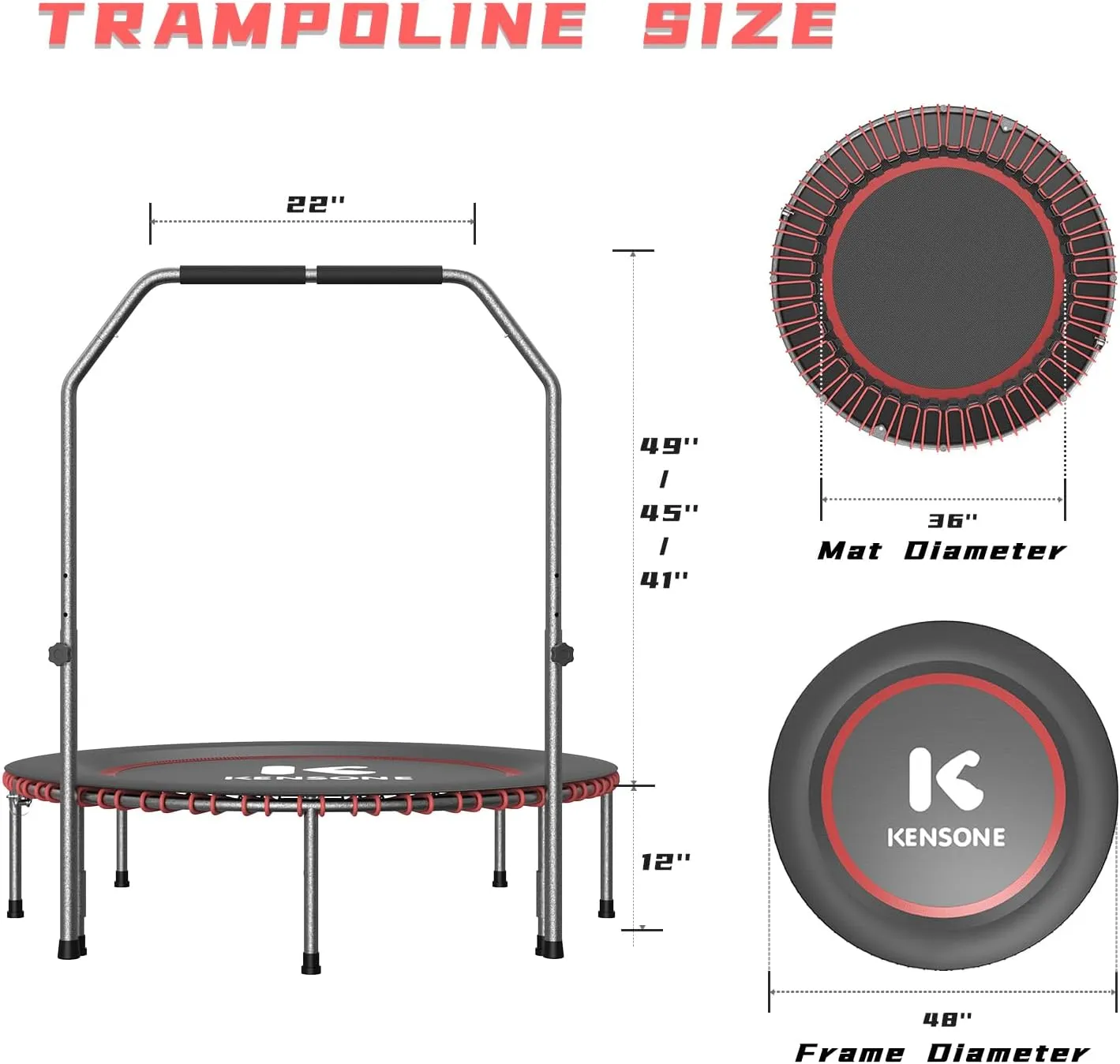 K KENSONE 40/48" Low-Impact Rebounder Trampoline for Adults with Bungee, 450/550LBS Quiet Mini Exercise Trampoline with Adjustable U/T-Shaped Foam Handle Bar, Fitness Equipment for Indoor/Gym Workout