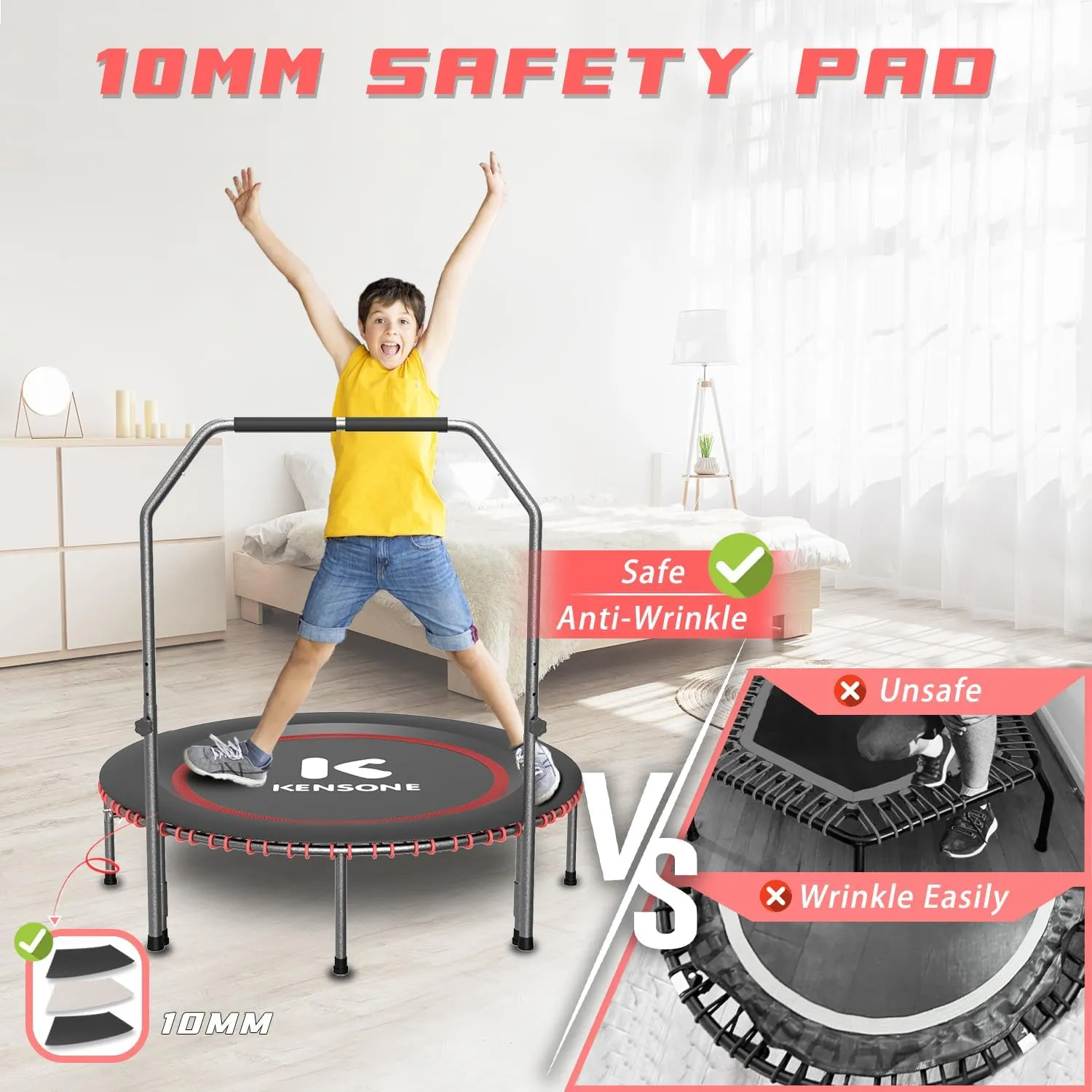 K KENSONE 40/48" Low-Impact Rebounder Trampoline for Adults with Bungee, 450/550LBS Quiet Mini Exercise Trampoline with Adjustable U/T-Shaped Foam Handle Bar, Fitness Equipment for Indoor/Gym Workout