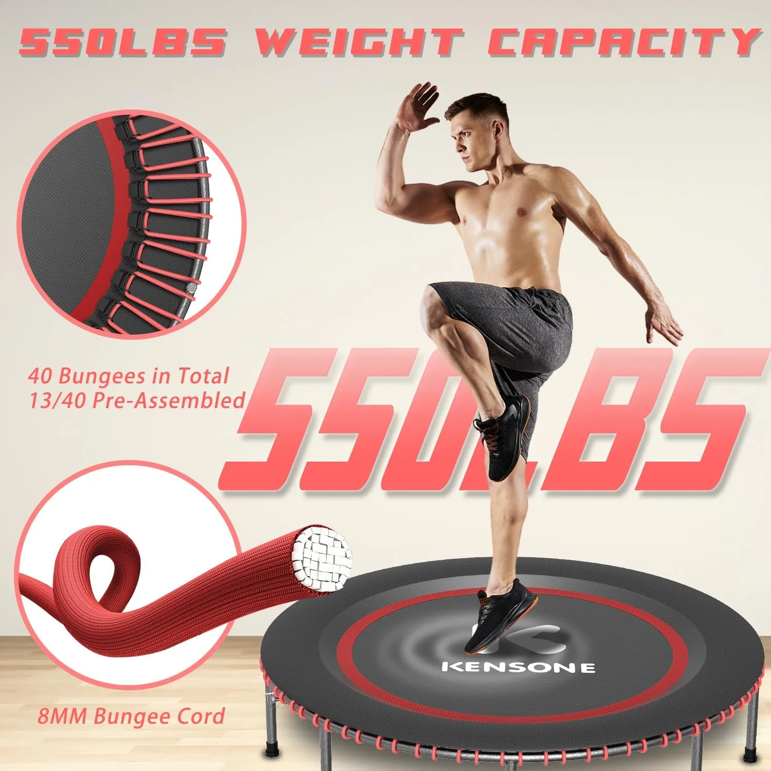 K KENSONE 40/48" Low-Impact Rebounder Trampoline for Adults with Bungee, 450/550LBS Quiet Mini Exercise Trampoline with Adjustable U/T-Shaped Foam Handle Bar, Fitness Equipment for Indoor/Gym Workout