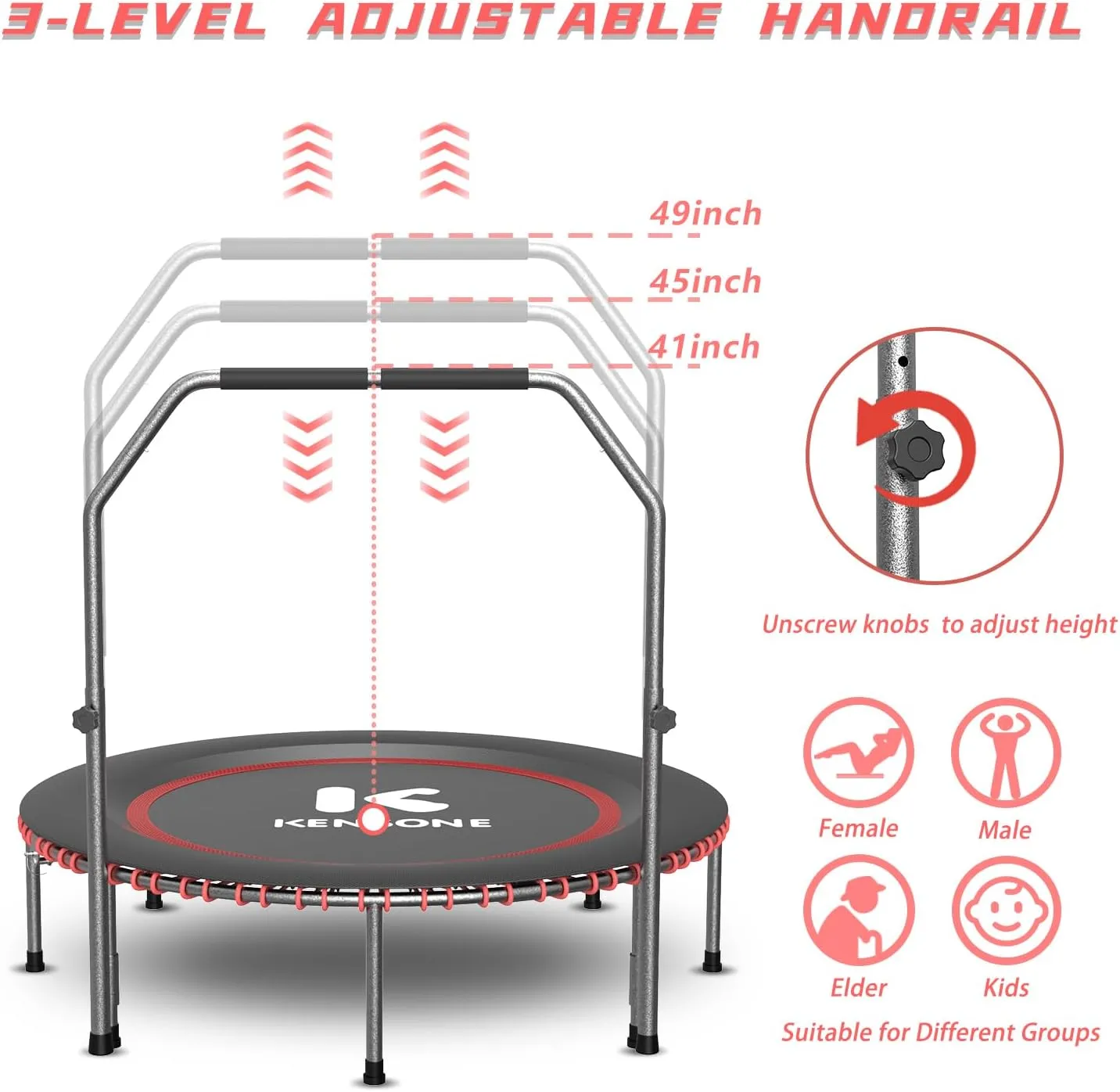 K KENSONE 40/48" Low-Impact Rebounder Trampoline for Adults with Bungee, 450/550LBS Quiet Mini Exercise Trampoline with Adjustable U/T-Shaped Foam Handle Bar, Fitness Equipment for Indoor/Gym Workout