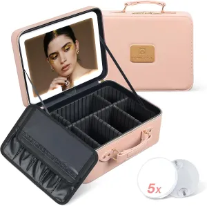 Kalolary Travel Makeup Cases, Makeup Bag Cosmetic Case with 3 Color LED Mirror Make up Organizer Bag Portable Make up Storage Box with Detachable 5X Magnifying Mirror & Adjustable Dividers, Pink