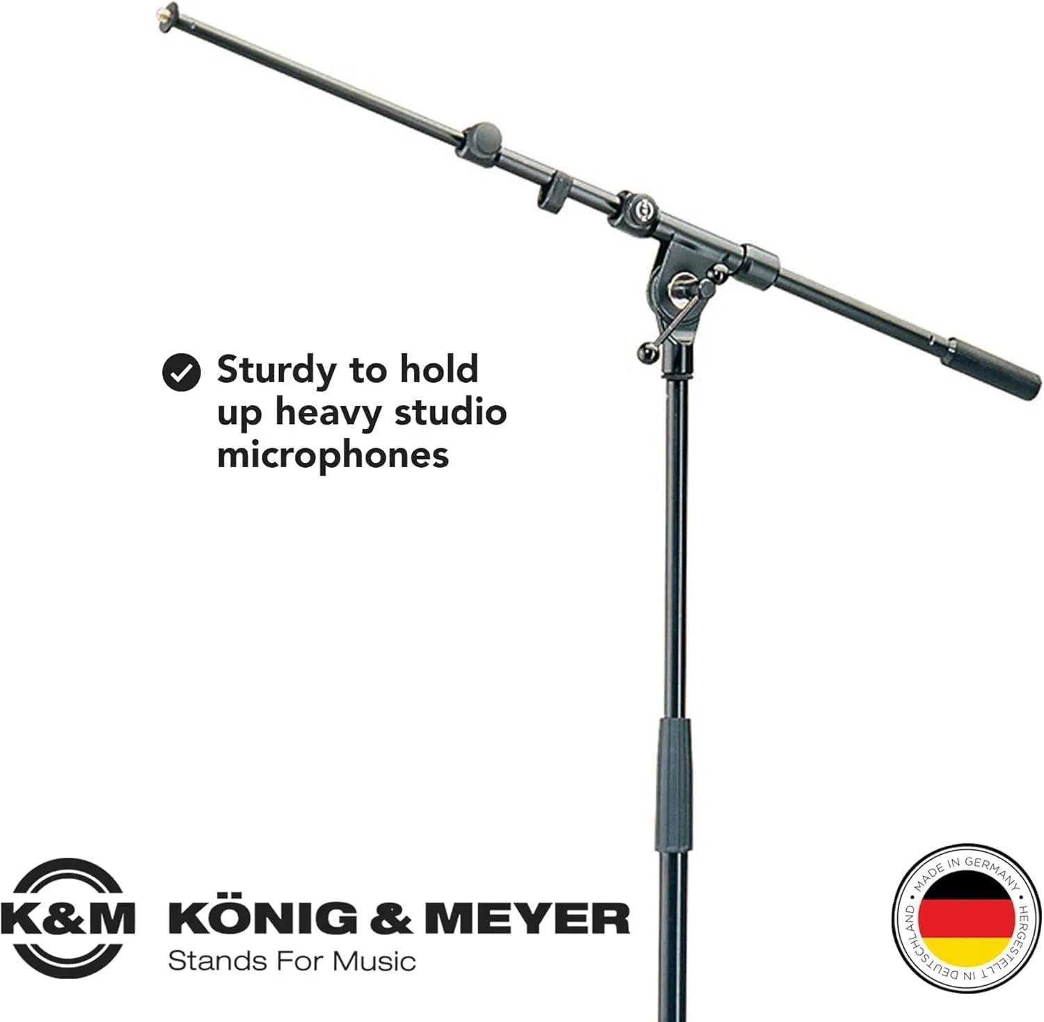 K&M König & Meyer 21090.500.55 Tripod Microphone Stand - Adjustable Telescoping 2-Piece Boom Arm - Professional Grade - Heavy Duty with Folding Leg Base - German Made Black