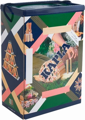 KAPLA Spring Barrel with 200 Coloured Boards (Green Pink and White), Wooden Game and Building Game from 2 Years