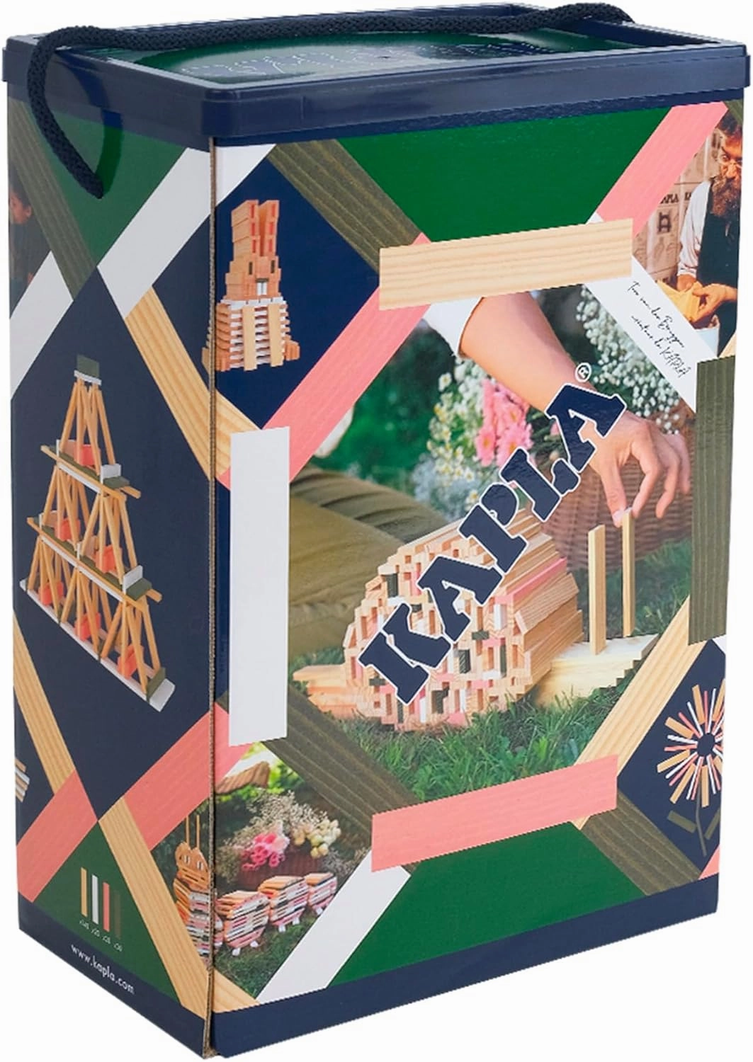 KAPLA Spring Barrel with 200 Coloured Boards (Green Pink and White), Wooden Game and Building Game from 2 Years