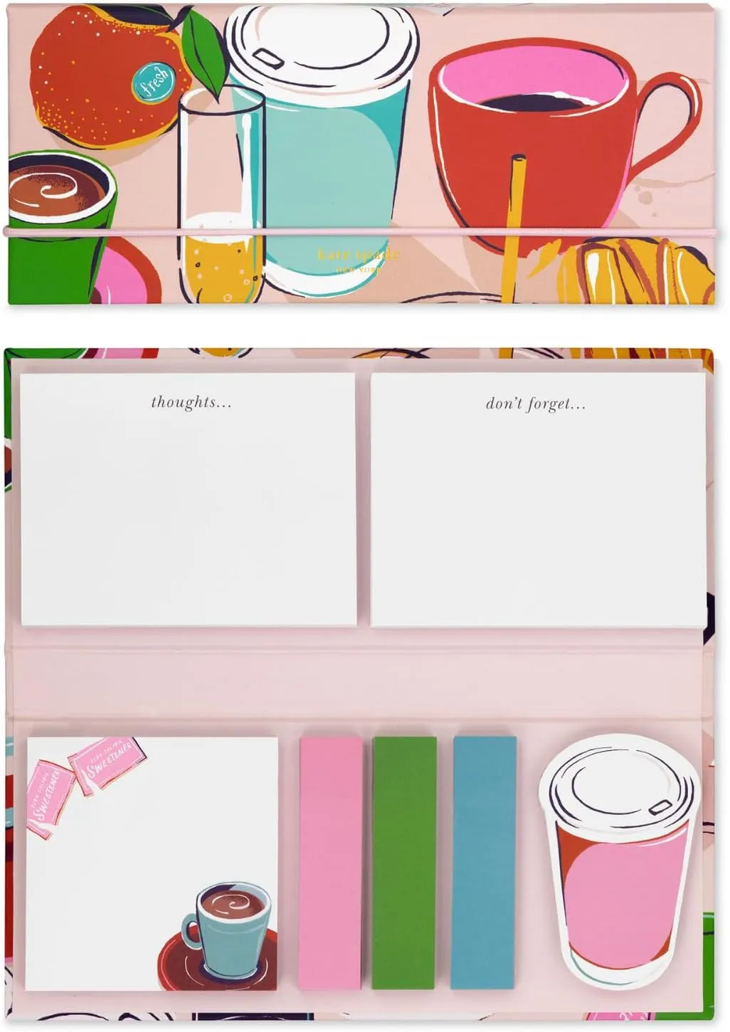 Kate Spade New York Padfolio with 7 Sticky Note Pads, Studying Essentials Set Includes Cute Sticky Notes with 75 Sheets Per Notepad, Rise and Shine