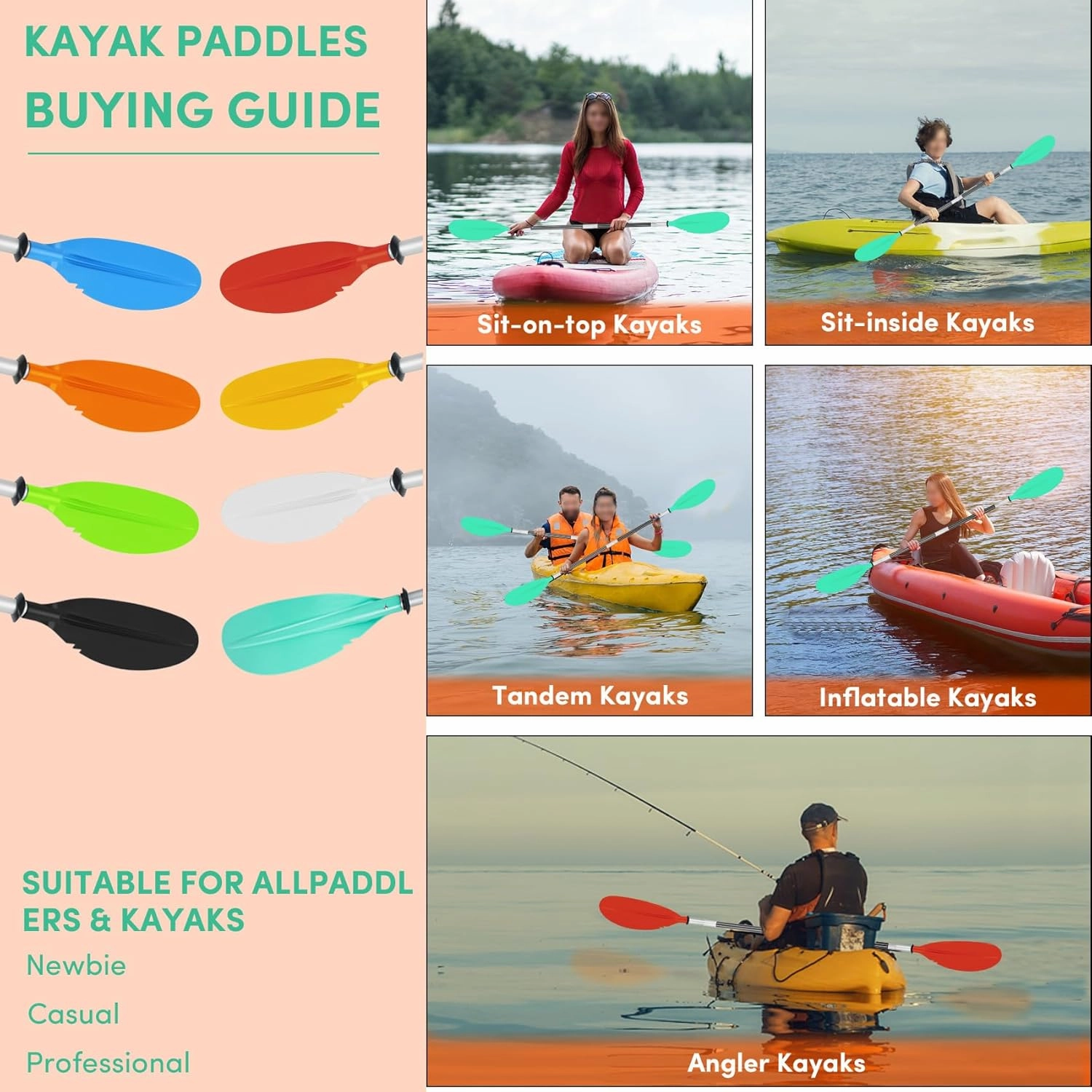 Kayak Paddle,88in 4 Pieces Boat Oars Kayak Paddles,Heavy Duty Aluminum Alloy Shaft Float Lightweight Detachable Adjustable Fishing Kayak Paddle for Adults with Paddle Leash(8 Color ，1Pack,2Pack)