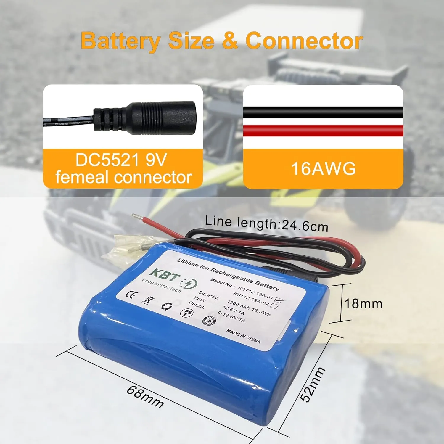 KBT 12V 1200mAh Rechargeable Li-ion Battery, Bare Leads Wire Replacement Battery Pack with Charger Compatible for 12V Devices RC Car, Boat, Robot, DIY, LED Light Kit