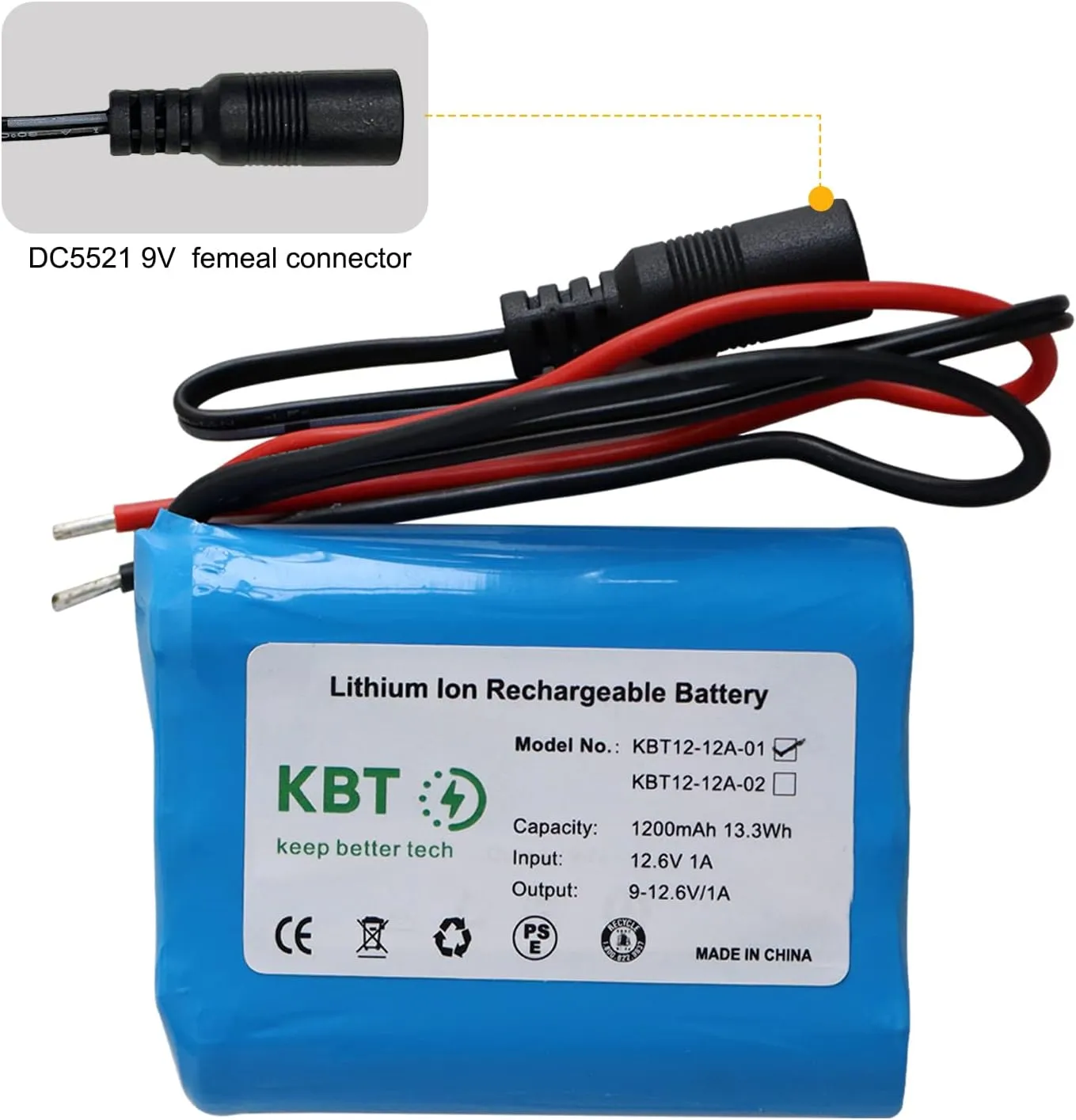 KBT 12V 1200mAh Rechargeable Li-ion Battery, Bare Leads Wire Replacement Battery Pack with Charger Compatible for 12V Devices RC Car, Boat, Robot, DIY, LED Light Kit