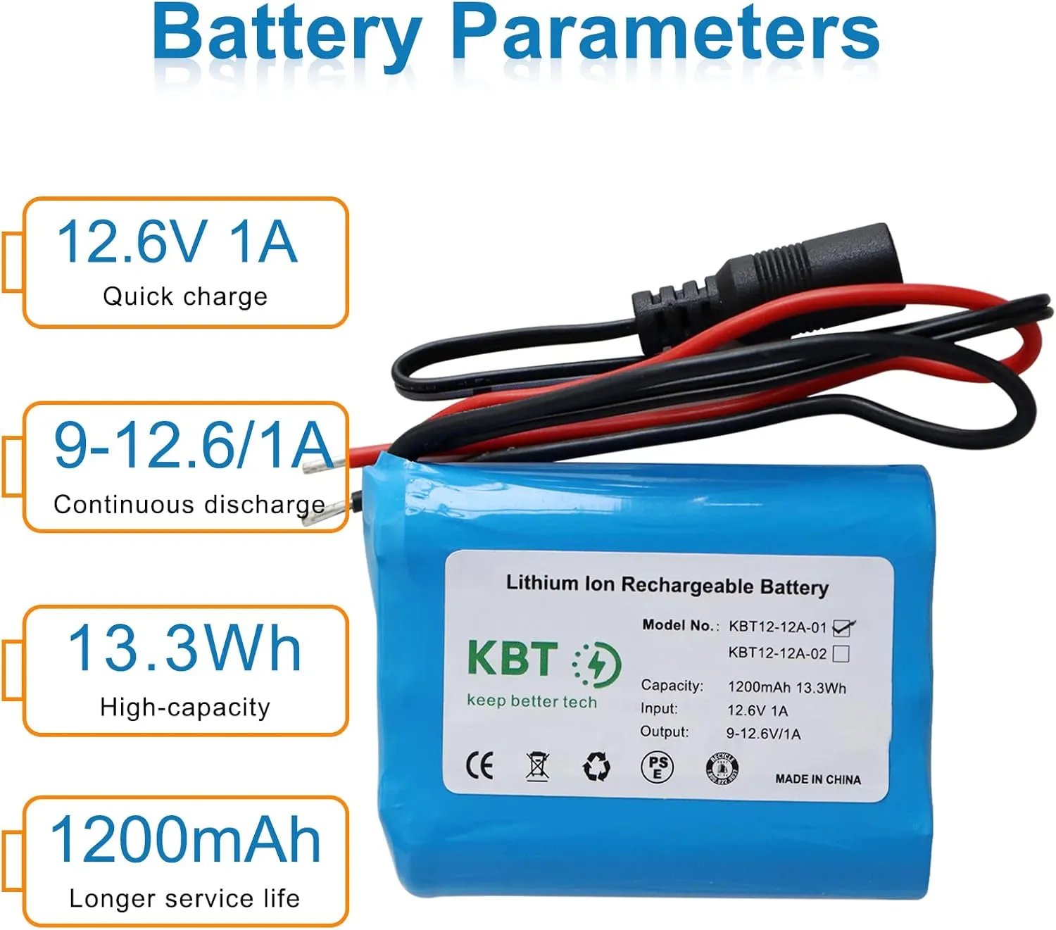 KBT 12V 1200mAh Rechargeable Li-ion Battery, Bare Leads Wire Replacement Battery Pack with Charger Compatible for 12V Devices RC Car, Boat, Robot, DIY, LED Light Kit