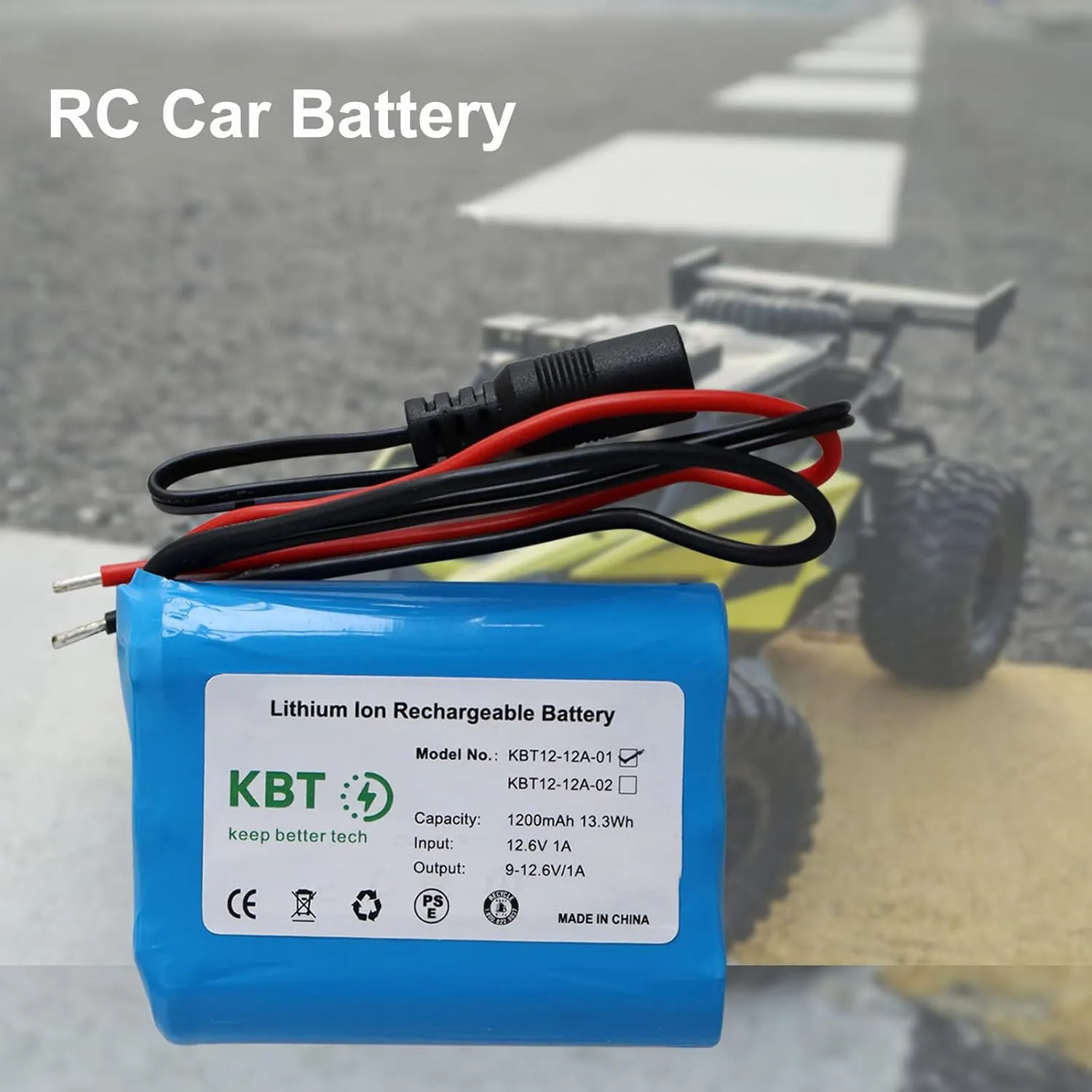 KBT 12V 1200mAh Rechargeable Li-ion Battery, Bare Leads Wire Replacement Battery Pack with Charger Compatible for 12V Devices RC Car, Boat, Robot, DIY, LED Light Kit