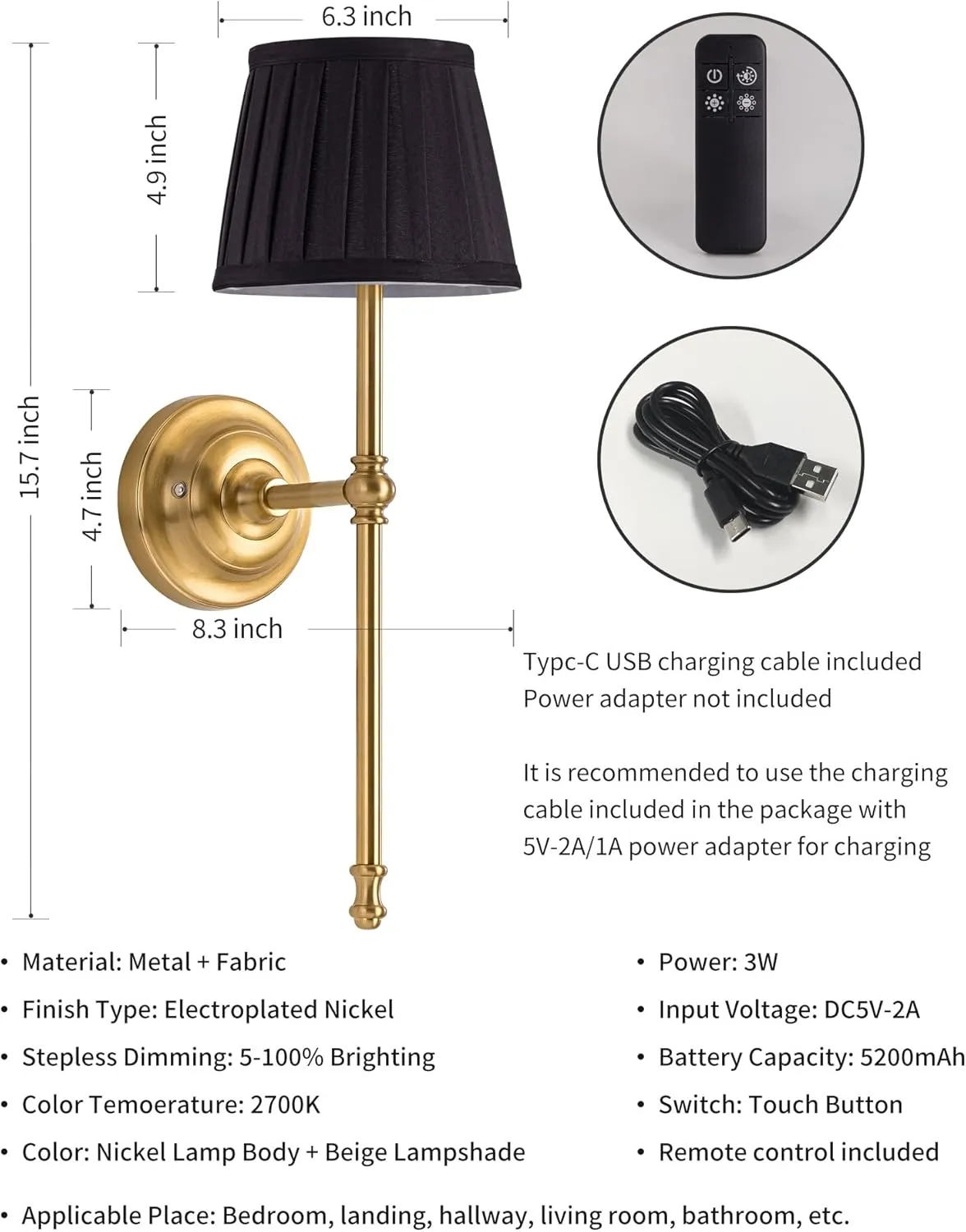 KDG Cordless Wall Sconces Set of 2, Small Wireless 5200mAh Rechargeable Battery Fabric LED Wall Lamps, Portables Lightings for Wall Painting, Living Room, Bedroom, Hallway, Gifts, Night Light (Black)