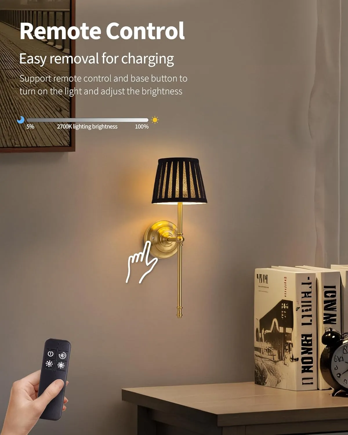 KDG Cordless Wall Sconces Set of 2, Small Wireless 5200mAh Rechargeable Battery Fabric LED Wall Lamps, Portables Lightings for Wall Painting, Living Room, Bedroom, Hallway, Gifts, Night Light (Black)