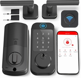 Keyless Door Lock with Handle Set - SMONET WiFi Fingerprint Smart Locks for Front Door, App Remote Control, Digital Bluetooth Keypad Deadbolt Set with Alexa, Auto Lock, Code, Fobs for Home Black