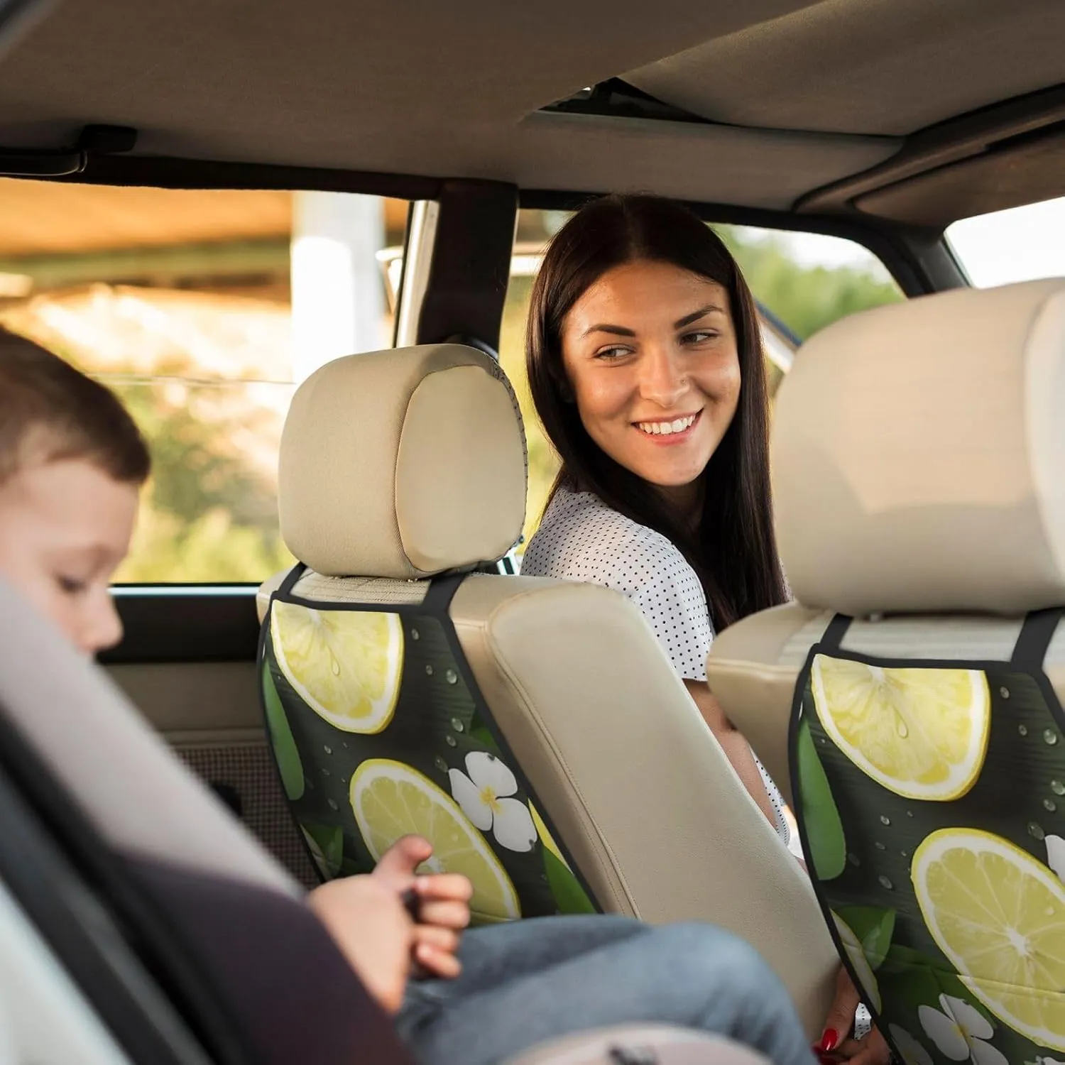 Kick Mat Back Seat Protector for Car 2 Pack Extra Large Car Back Seat Cover with 3 Storage Pockets Waterproof Seat Back Protector Fresh Lemon Backseat Car Organizer for Trucks SUV