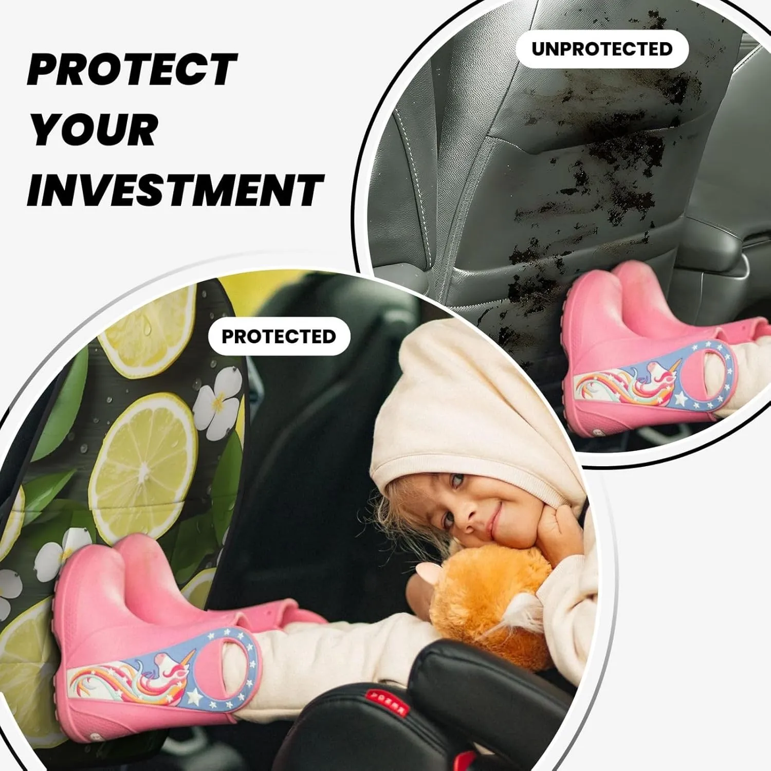 Kick Mat Back Seat Protector for Car 2 Pack Extra Large Car Back Seat Cover with 3 Storage Pockets Waterproof Seat Back Protector Fresh Lemon Backseat Car Organizer for Trucks SUV