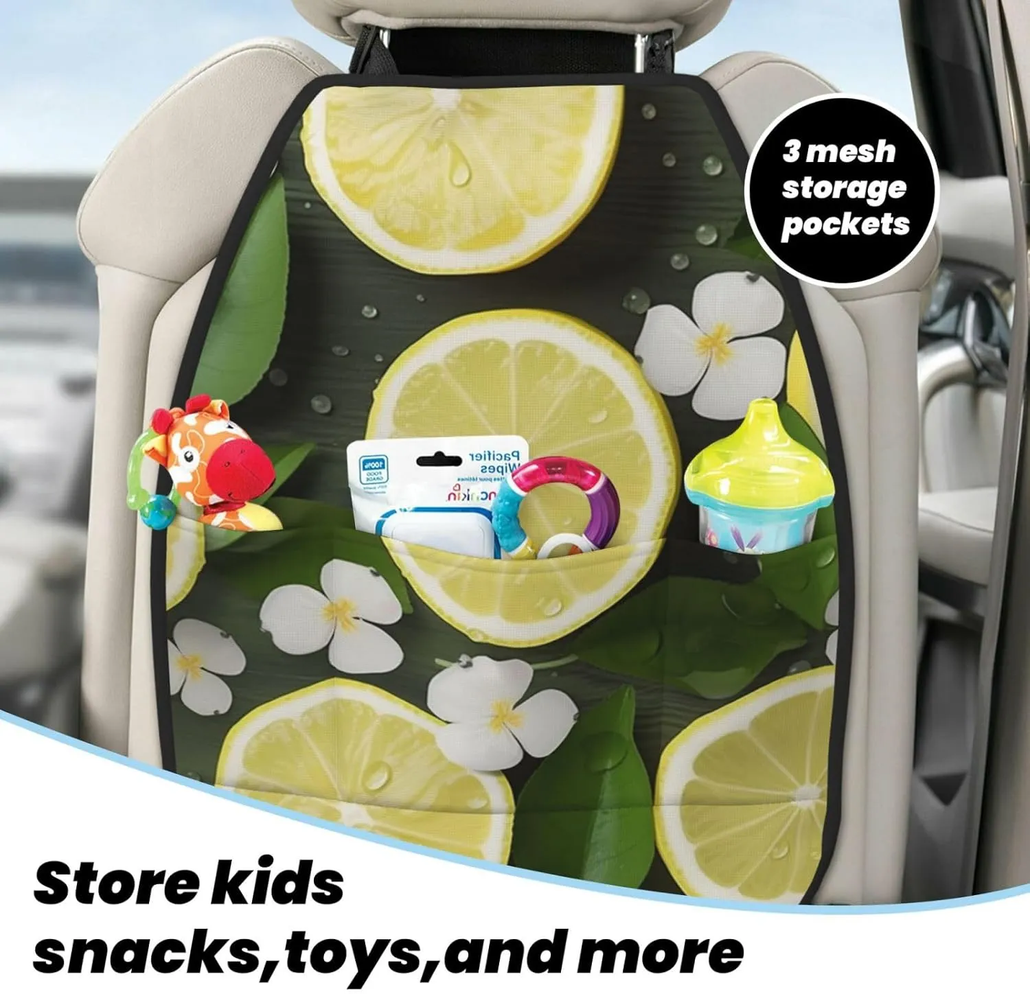 Kick Mat Back Seat Protector for Car 2 Pack Extra Large Car Back Seat Cover with 3 Storage Pockets Waterproof Seat Back Protector Fresh Lemon Backseat Car Organizer for Trucks SUV