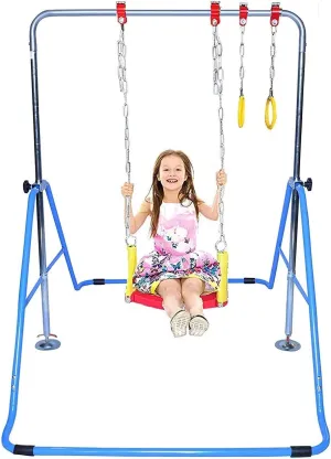 Kids Jungle Gym 3 in 1 Gymnastics Monkey Bar Deluxe Swing Set, Trapeze Rings, Adjustable Horizontal Climb Tower Playground Junior Training Blue