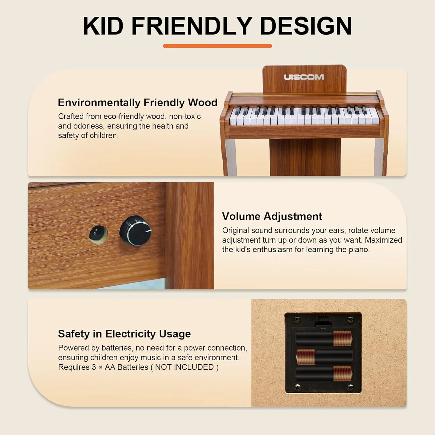 Kids Piano Keyboard, 37 Keys Digital Piano, Toddler Piano for Kids, Mini Baby Piano Toy, Kids Musical Instruments Sets, Wood Piano keyboard for kids Ages 3 ,Brown